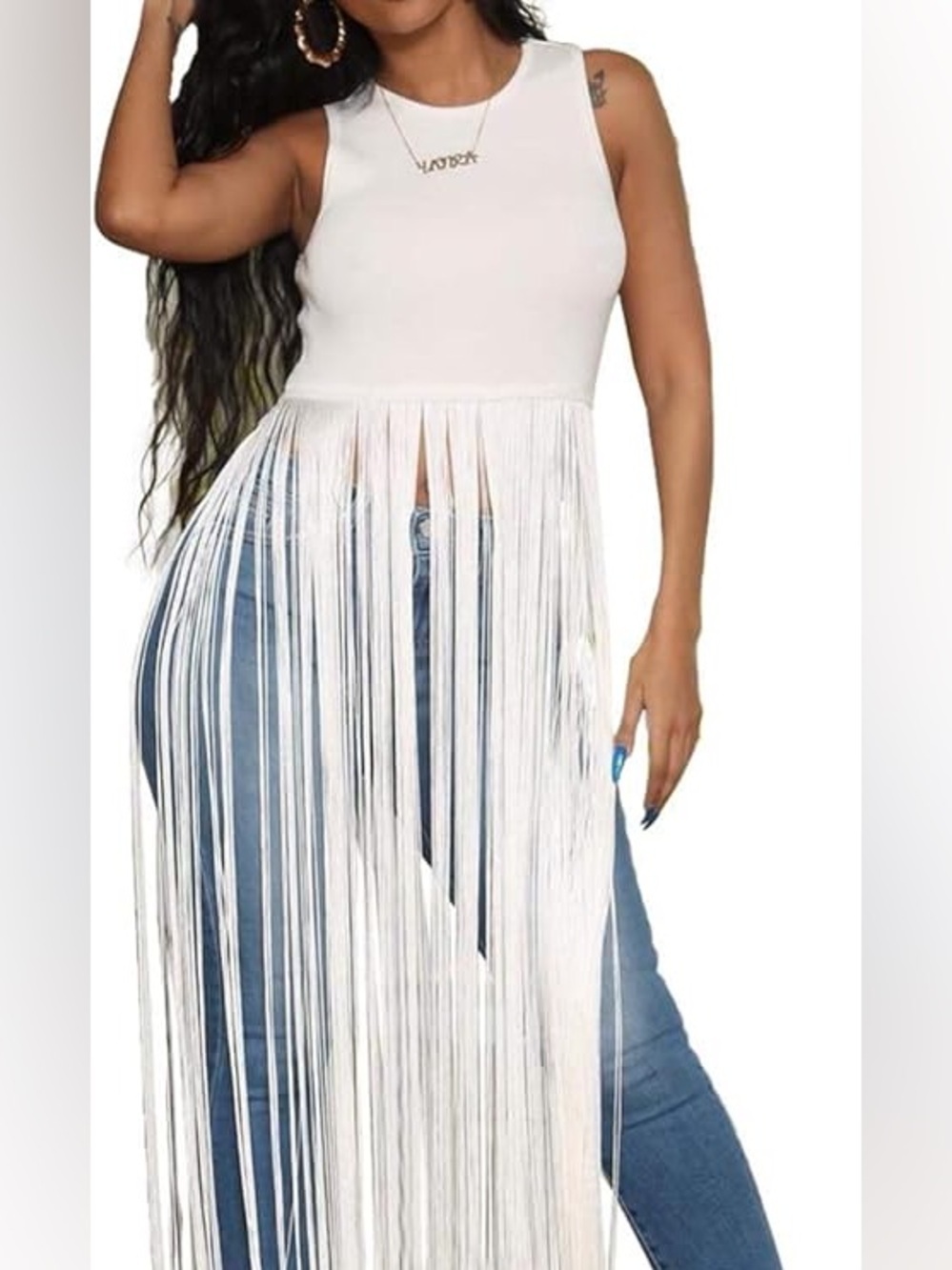 Rehab White Sleeveless tank with long tassels medium